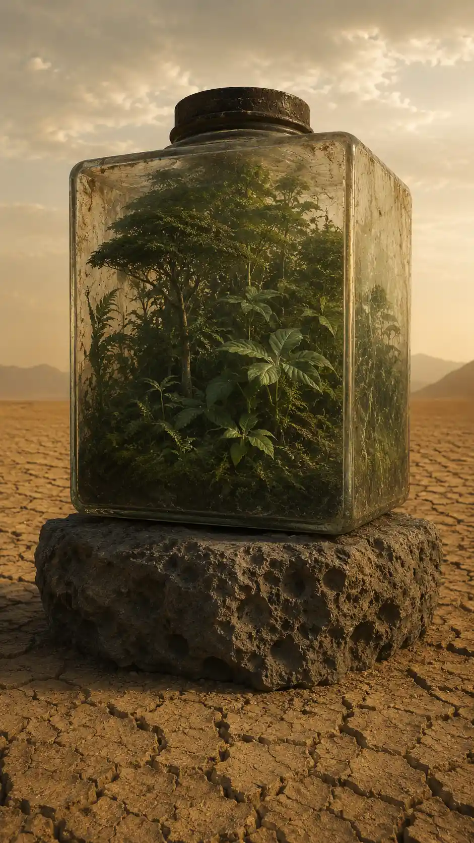 Surreal glass cube forest in a vast cracked desert