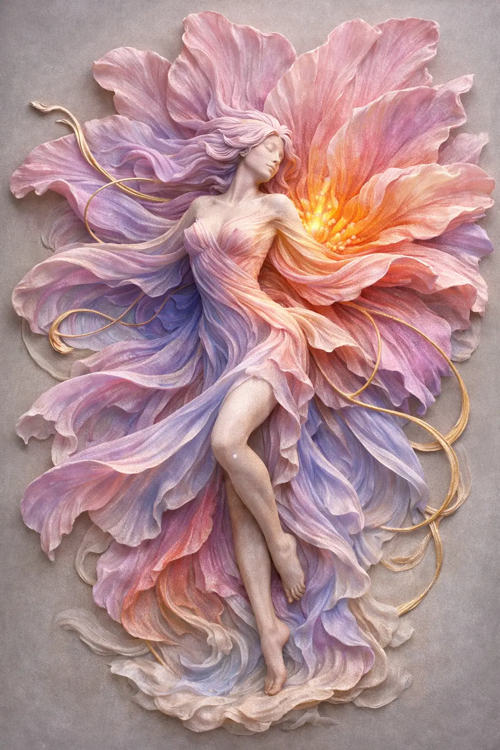 Ethereal woman transforming into a luminous abstract flower
