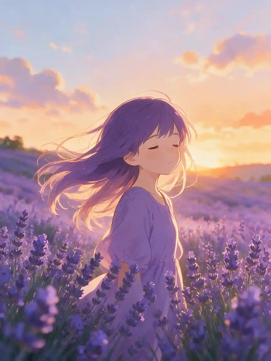 Ragazza anime in un campo di lavanda al tramonto tranquillo
