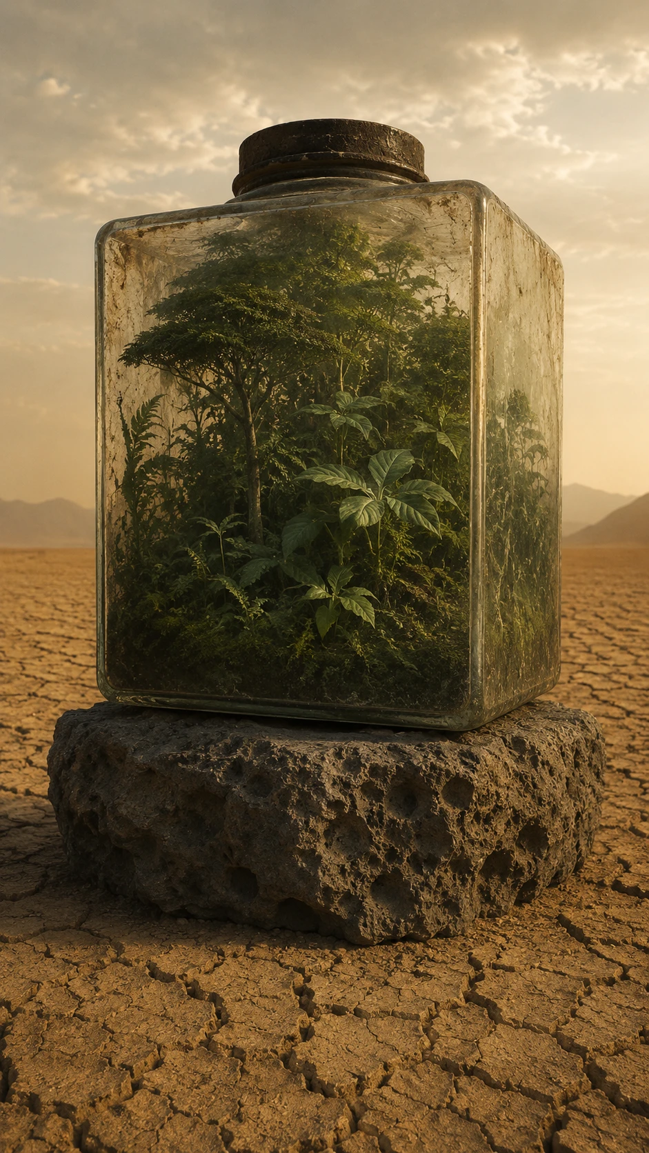 Surreal glass cube forest in a vast cracked desert