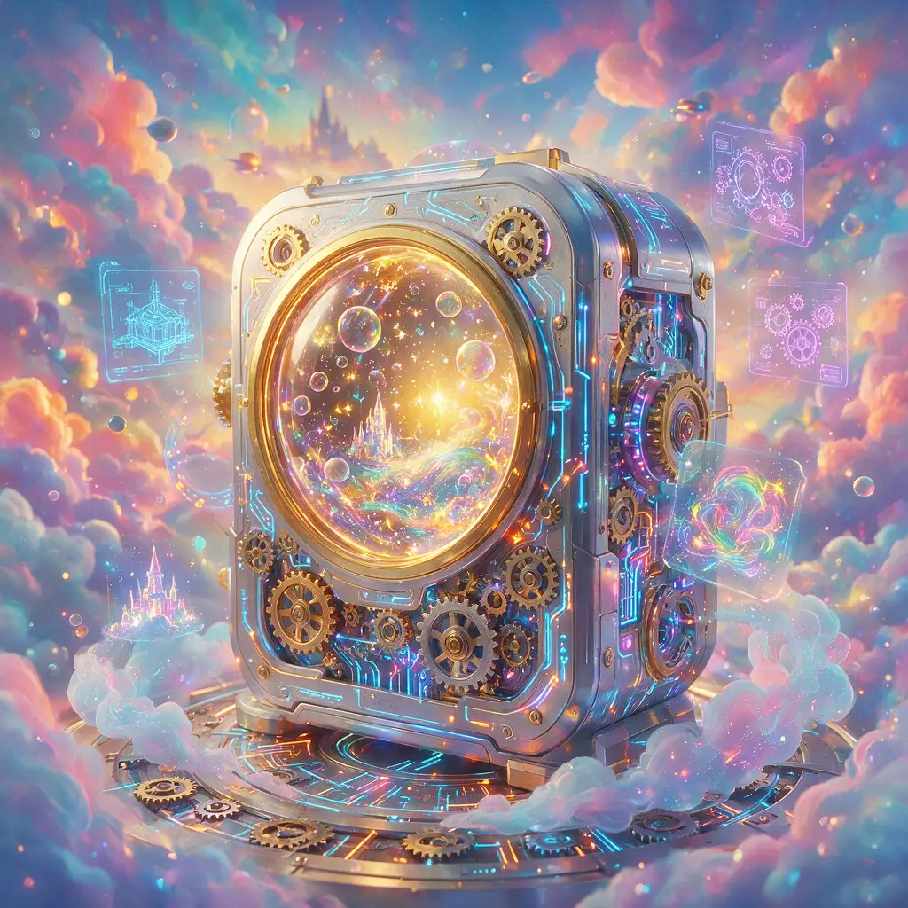 Surreal futuristic machine with holograms and glowing circuits