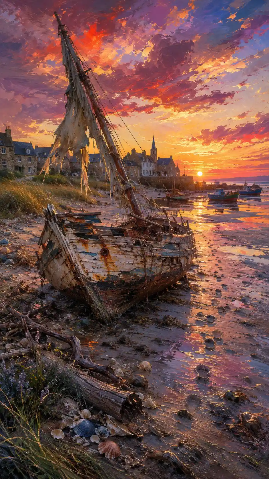 Weathered Sailboat Wreck On Tidal Flats At Sunset