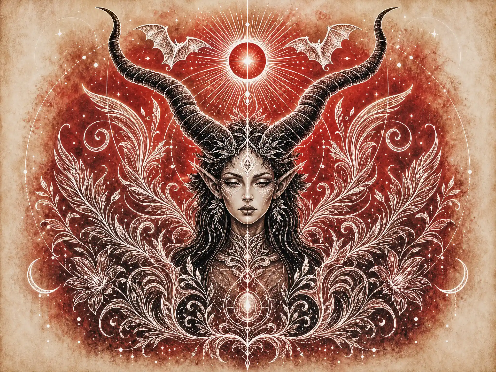Sacred succubus portrait in luminous red hellscape