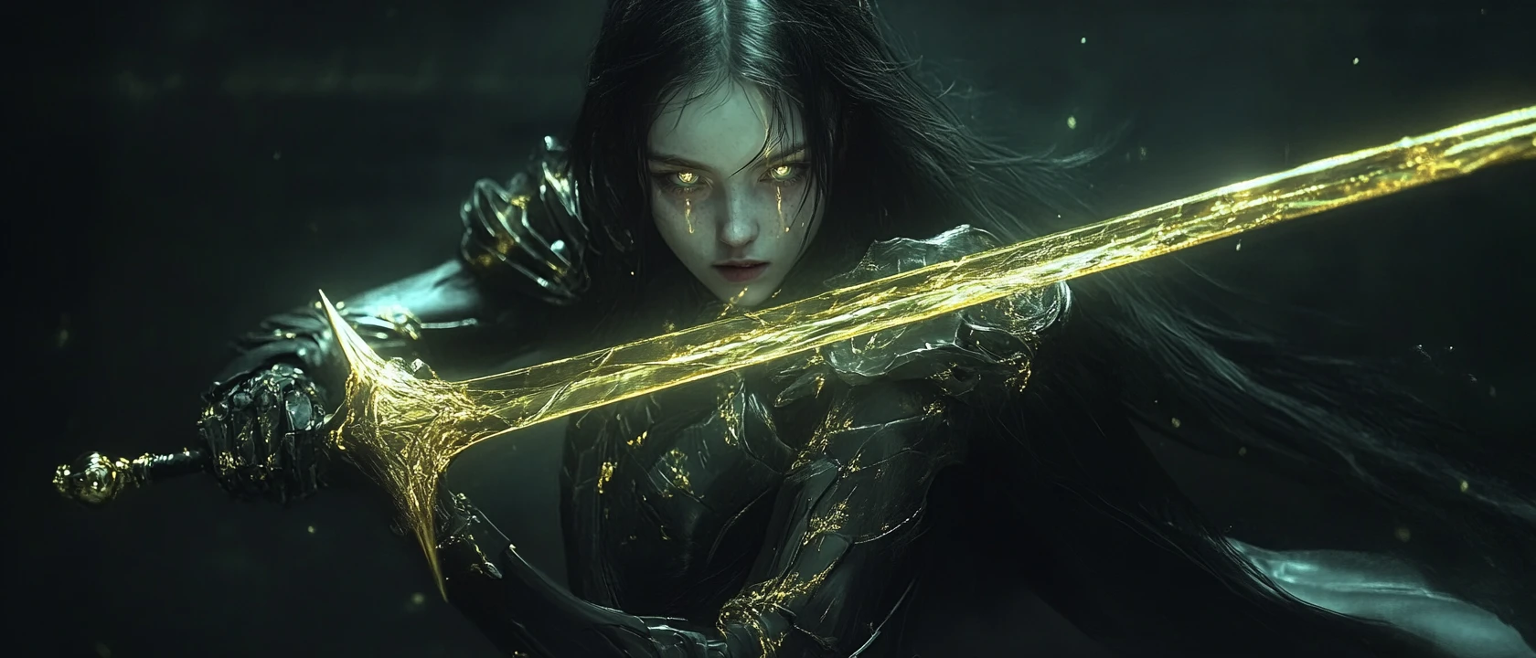 Melancholic girl in black and gold armor holding a sword
