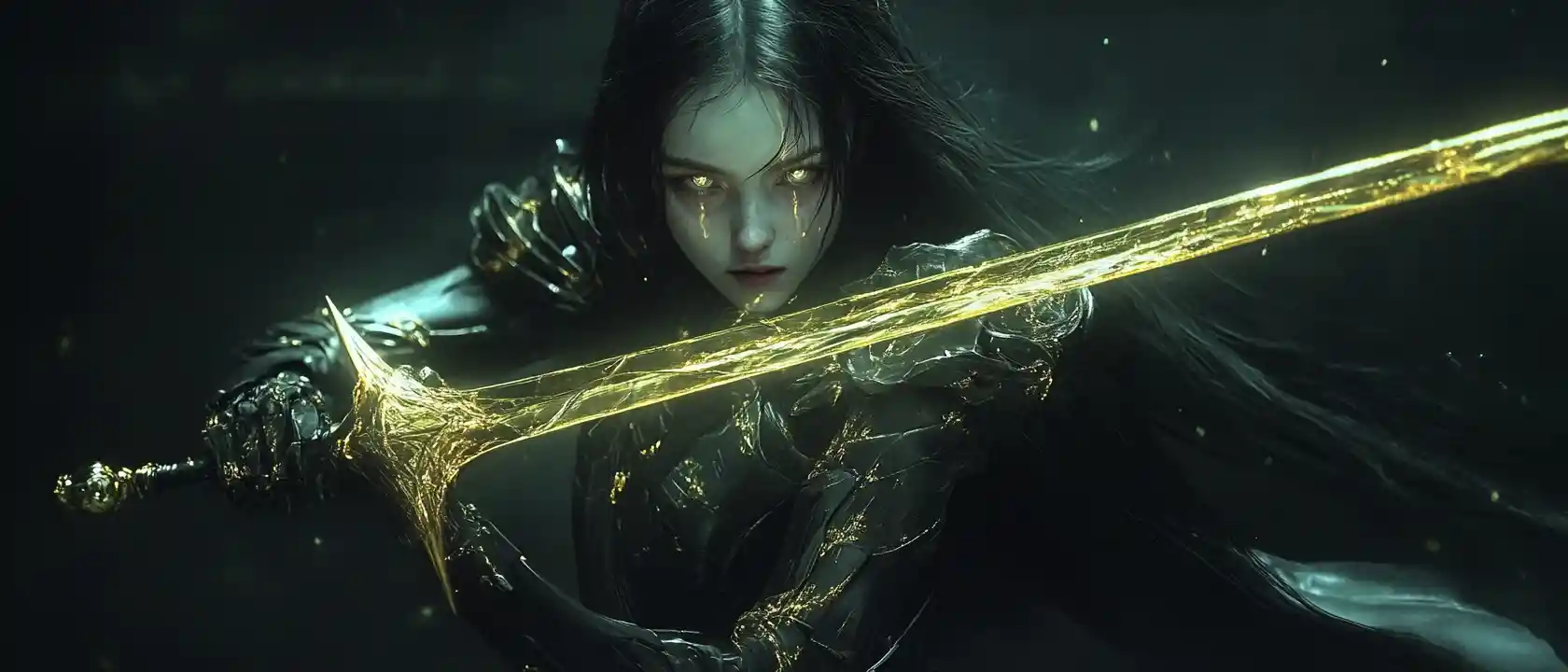 Melancholic girl in black and gold armor holding a sword