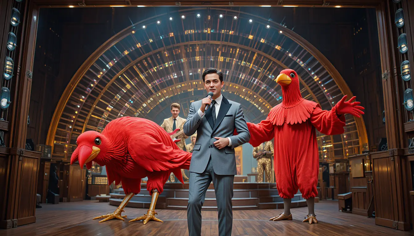 Host singing with red bird mascots on retro tv stage
