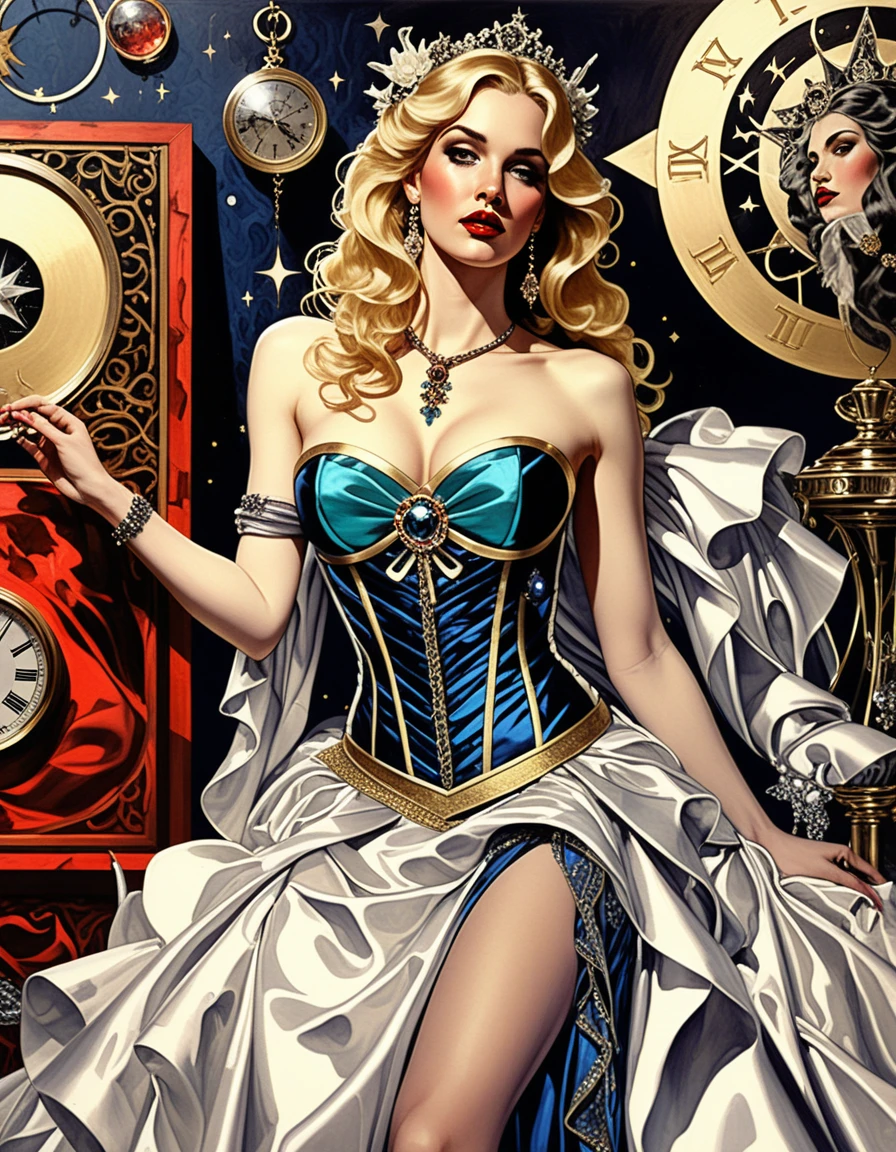 Elegant woman in celestial gown with zodiac motif