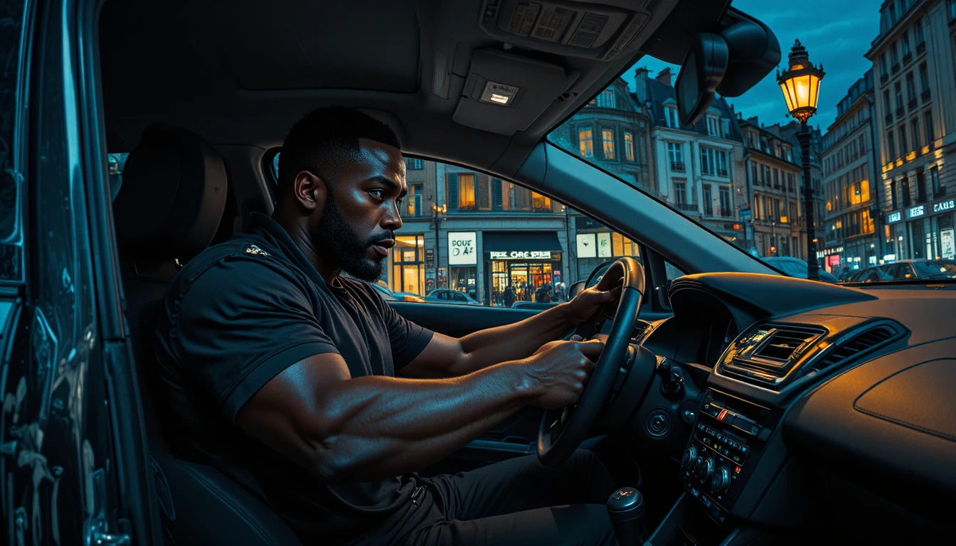 Tense middle aged man waiting in a car at night