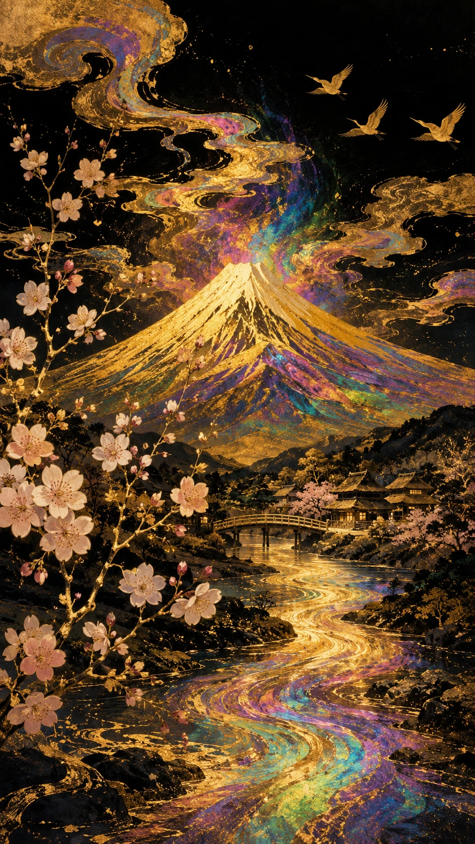 黄金の富士山と桜、光り輝く川