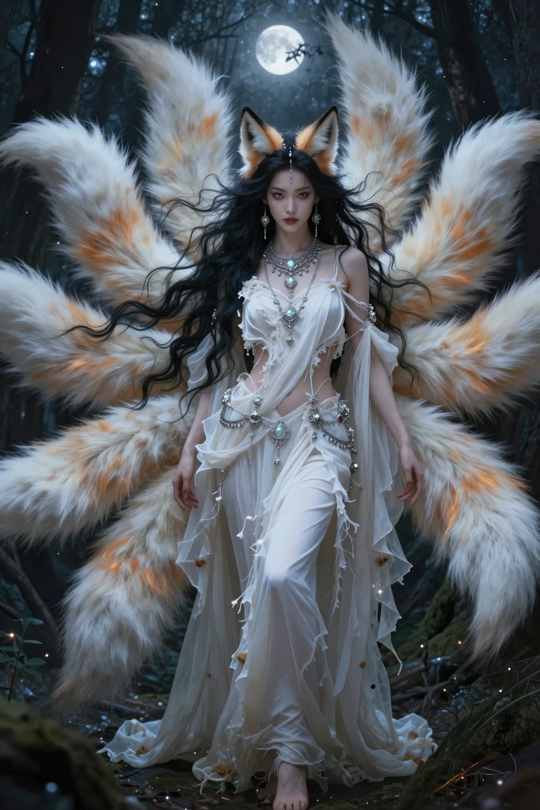 Mythical nine tailed fox woman in a moonlit dark forest