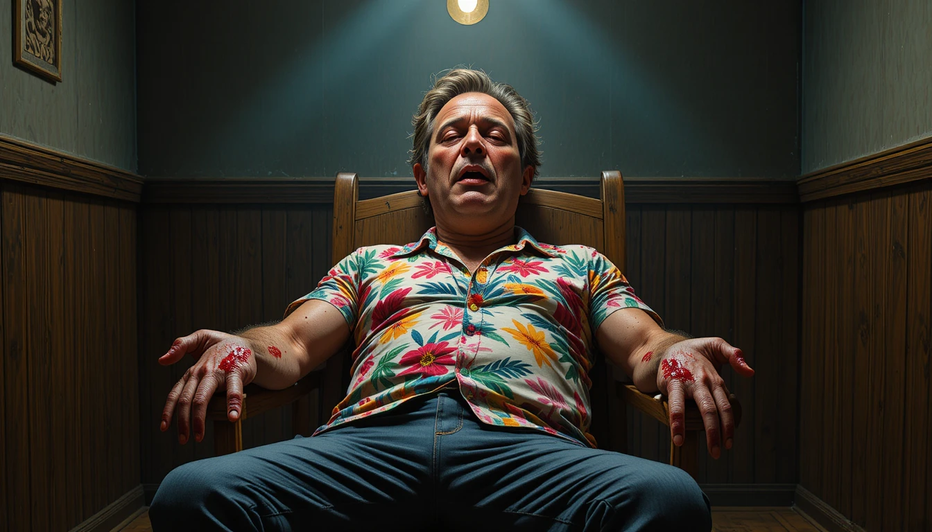 Exhausted man in tropical shirt slumped on wooden chair