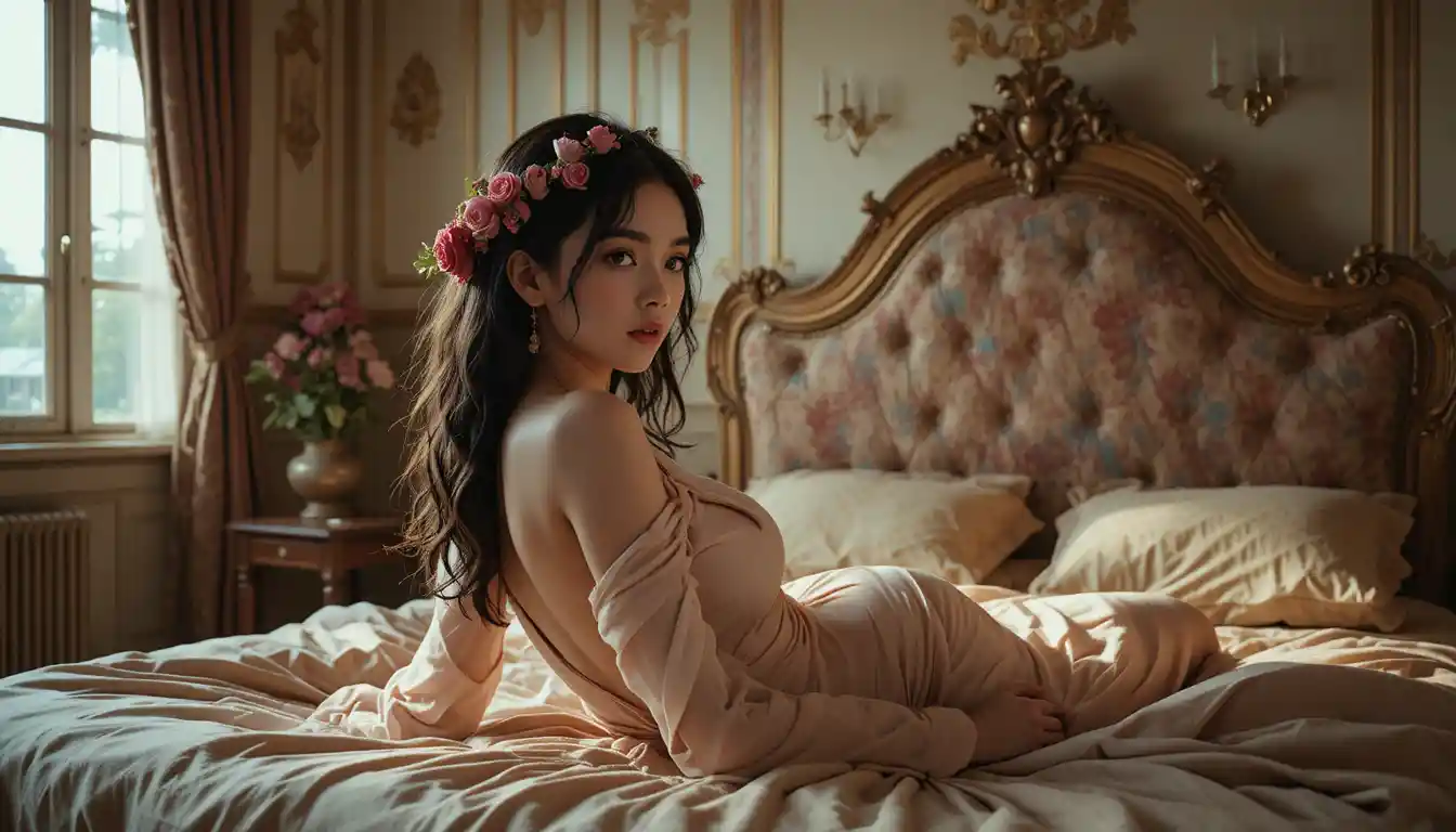 Glamorous woman reclining on a plush bed in warm light