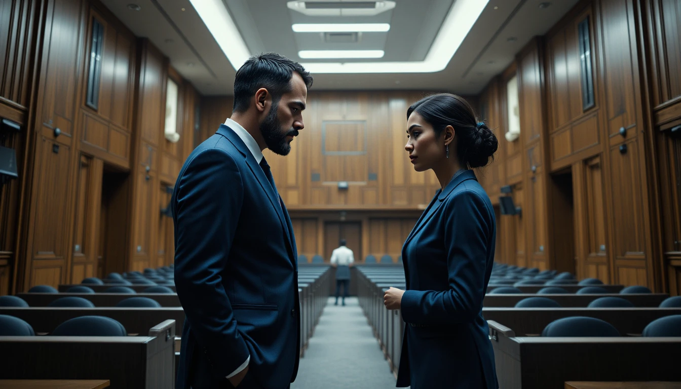 Security chief staring into dim conference room aisle