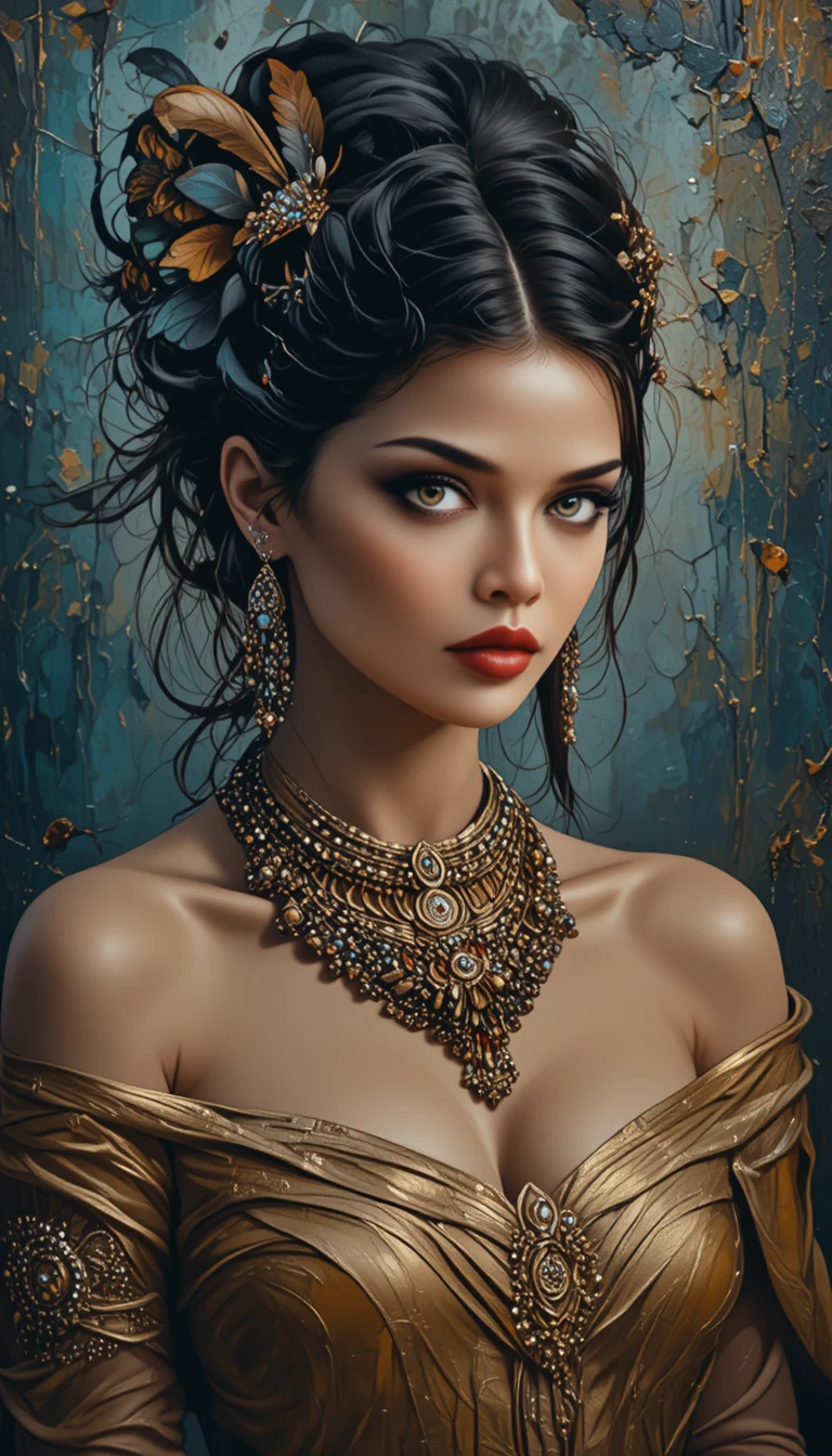 Intense feather adorned woman in a golden portrait