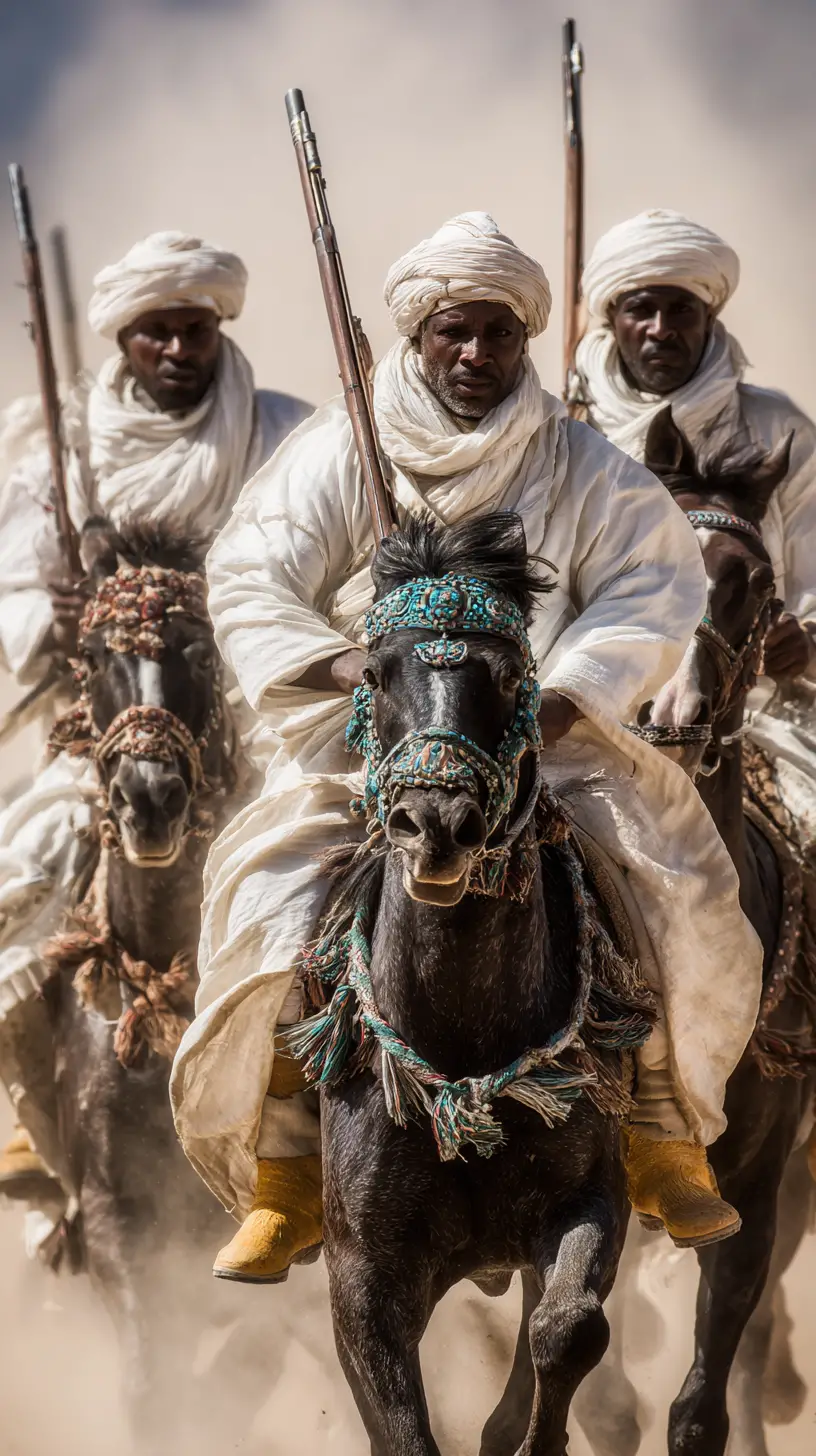 Cavalieri marocchini all’attacco in una fantasia nel deserto polveroso