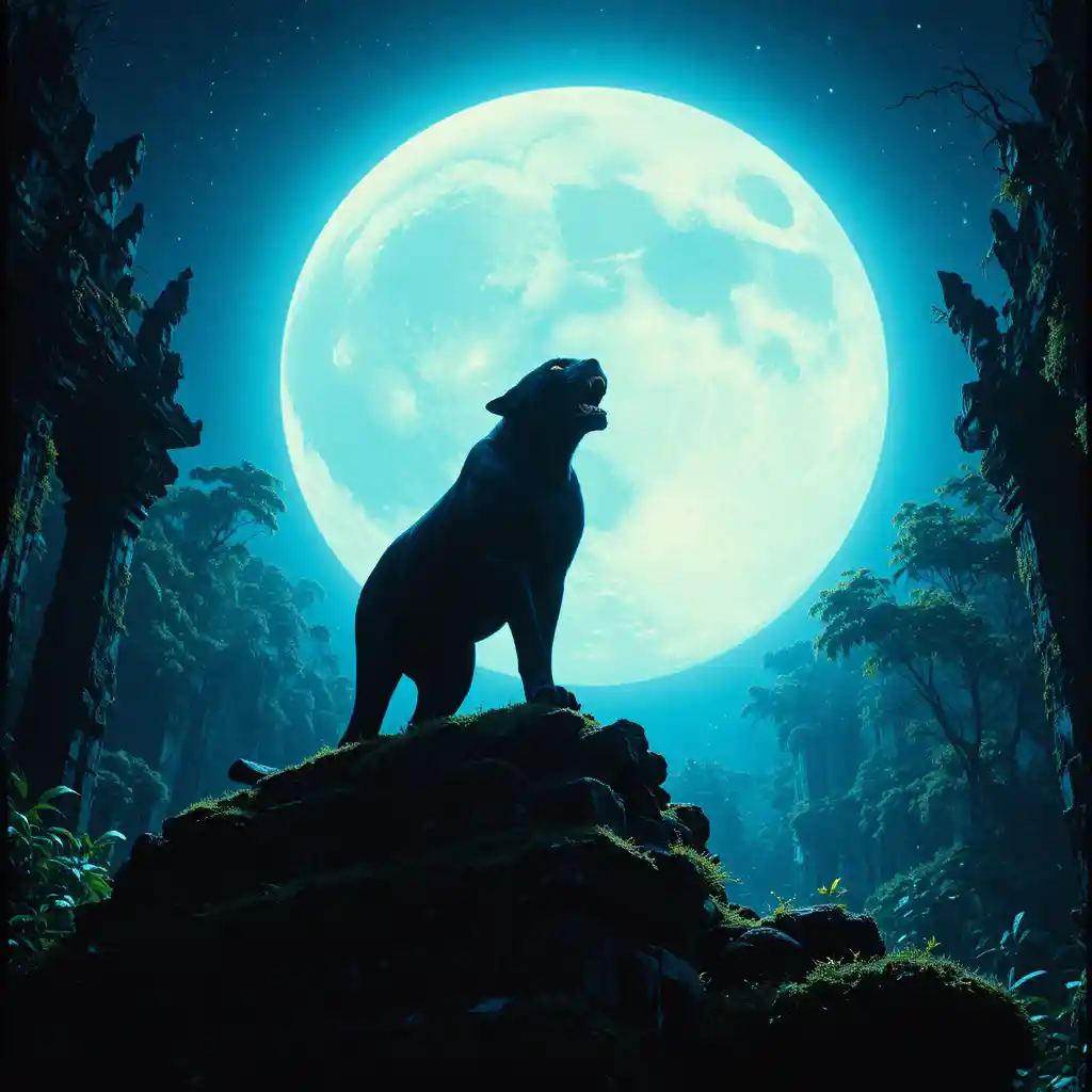 Black panther on ancient jungle temple under glowing full moon