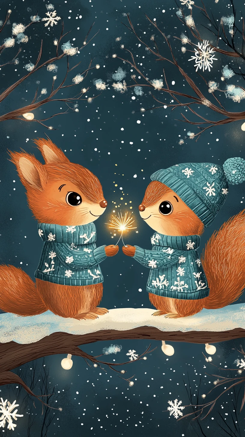 Romantic squirrels on a snowy branch with winter fireworks