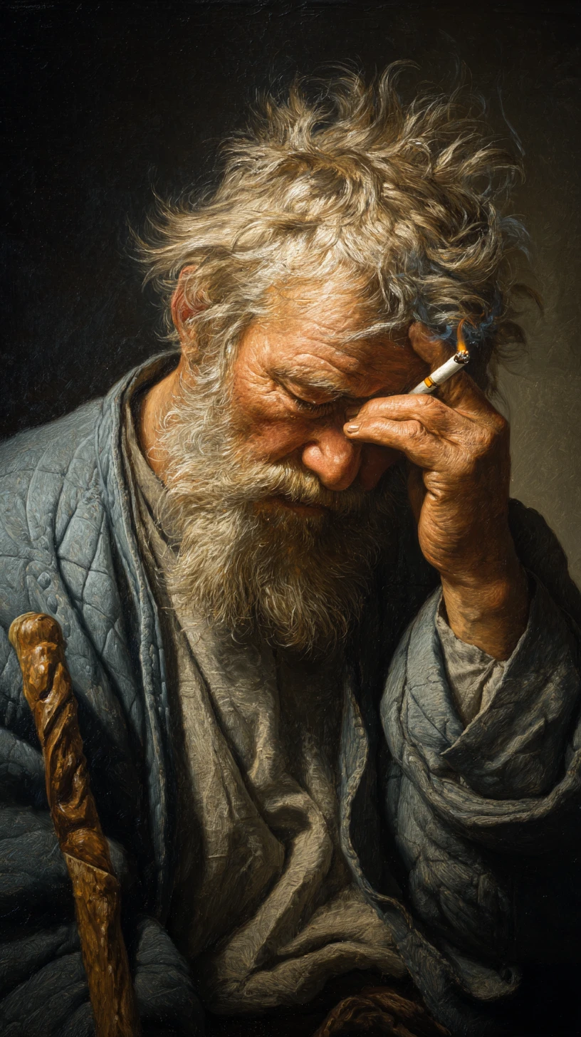 Pintura de retrato de un anciano cansado con cigarrillo