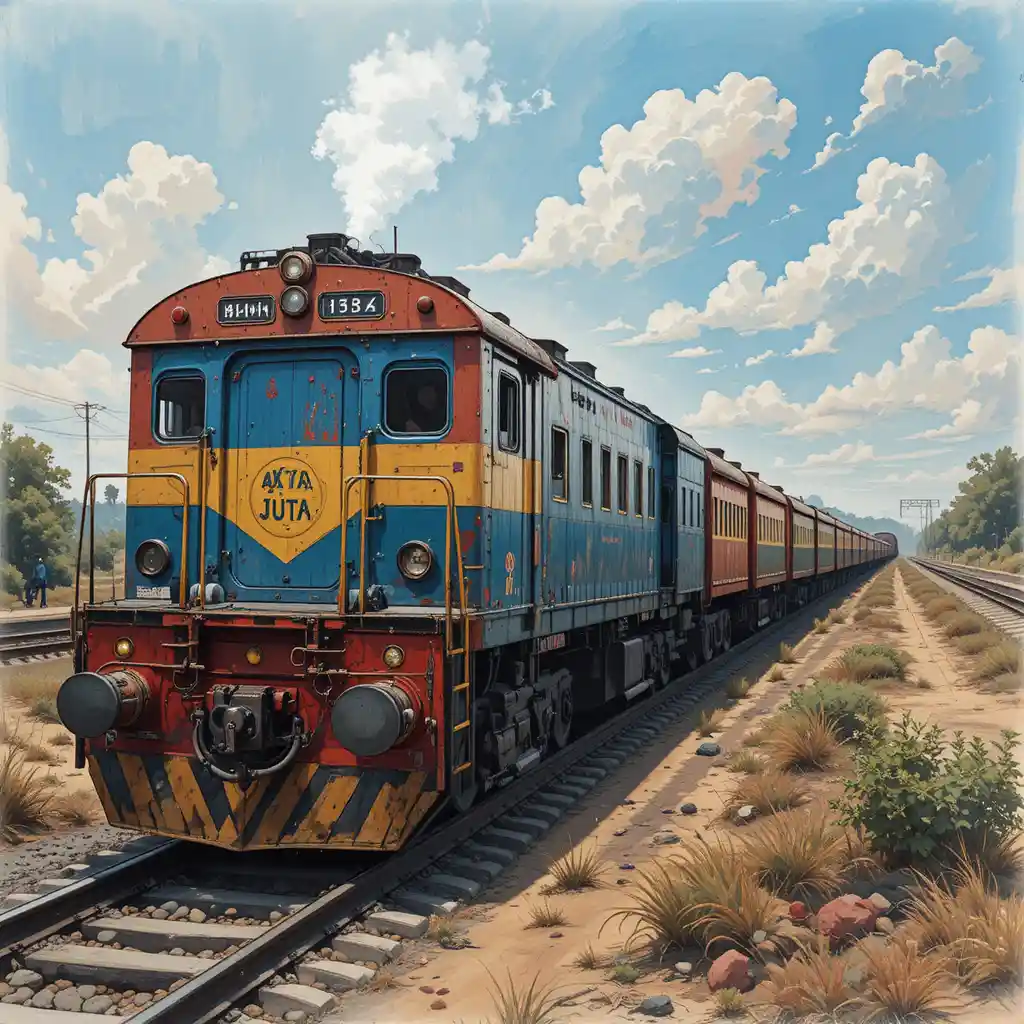 Cartoon monkey walking toward an Indian train scene