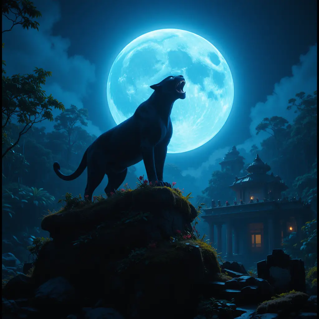 Black panther on ancient jungle temple under glowing full moon