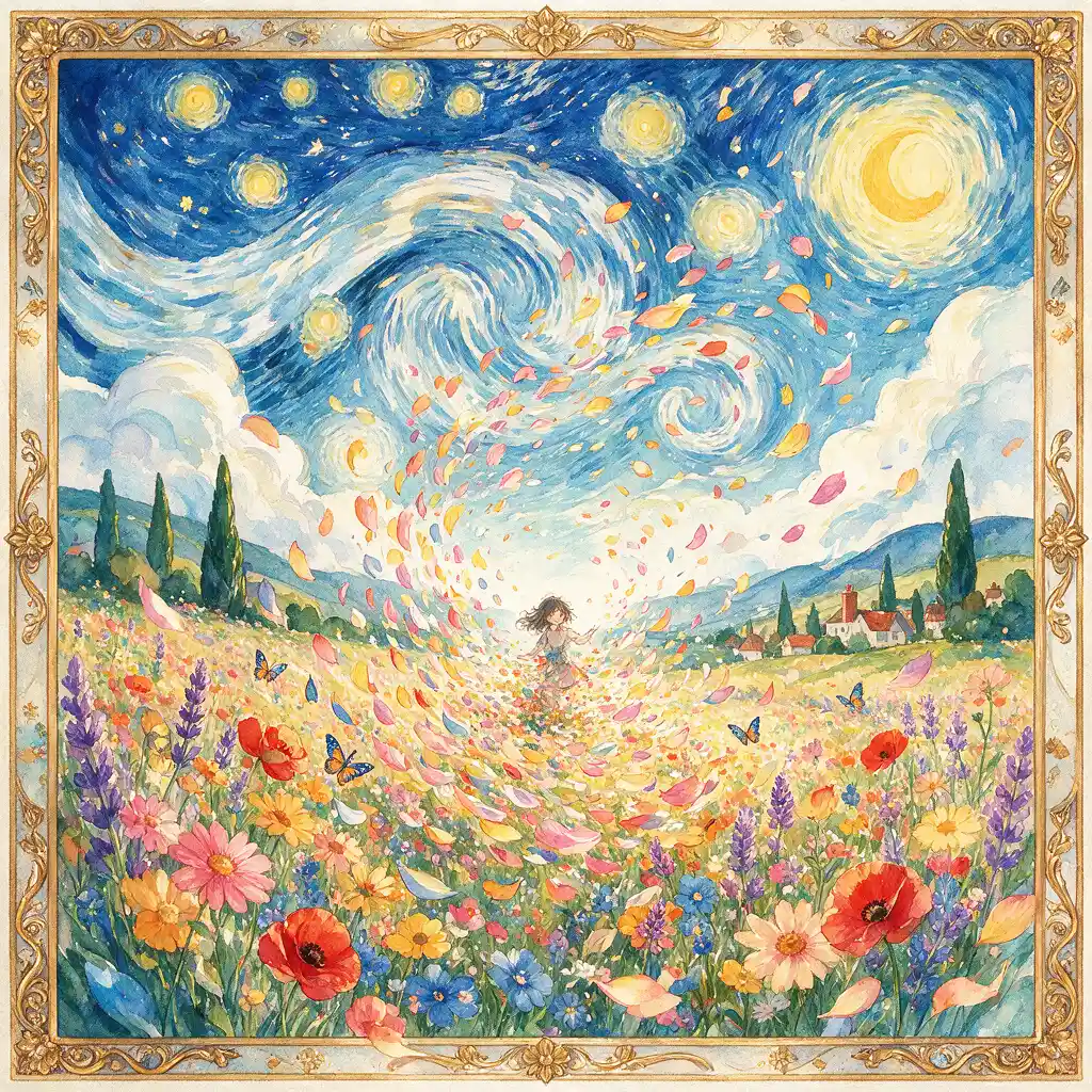 Anime girl in a swirling flower field watercolor scene
