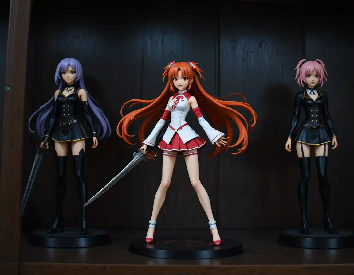 Three anime figurines displayed on a dark wooden shelf