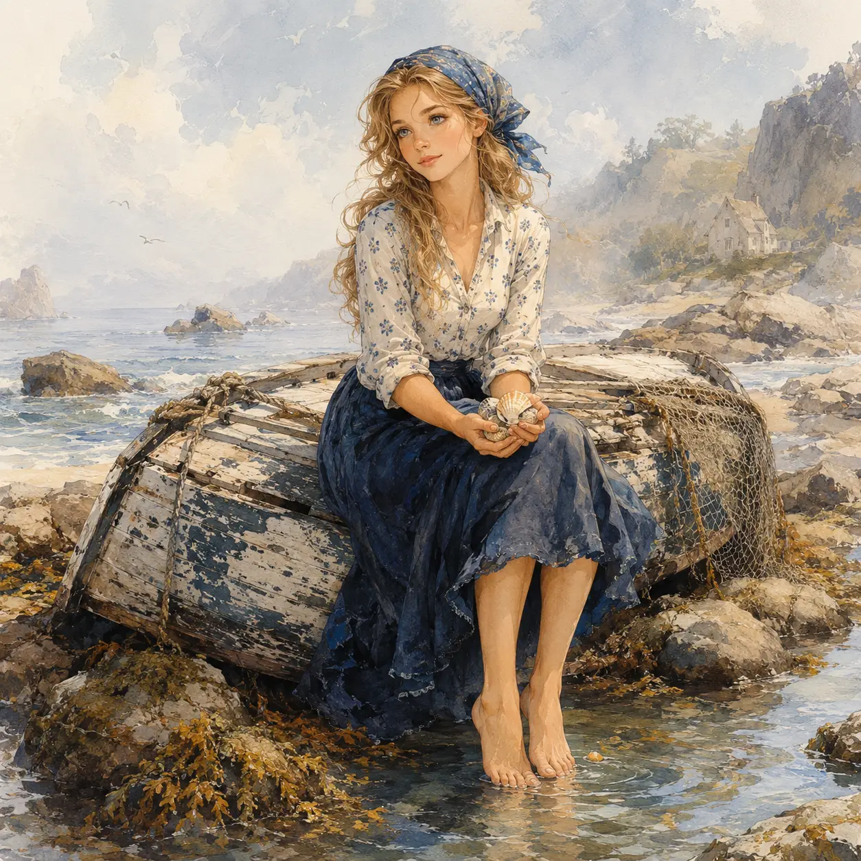 Woman on overturned boat by a quiet rocky shore