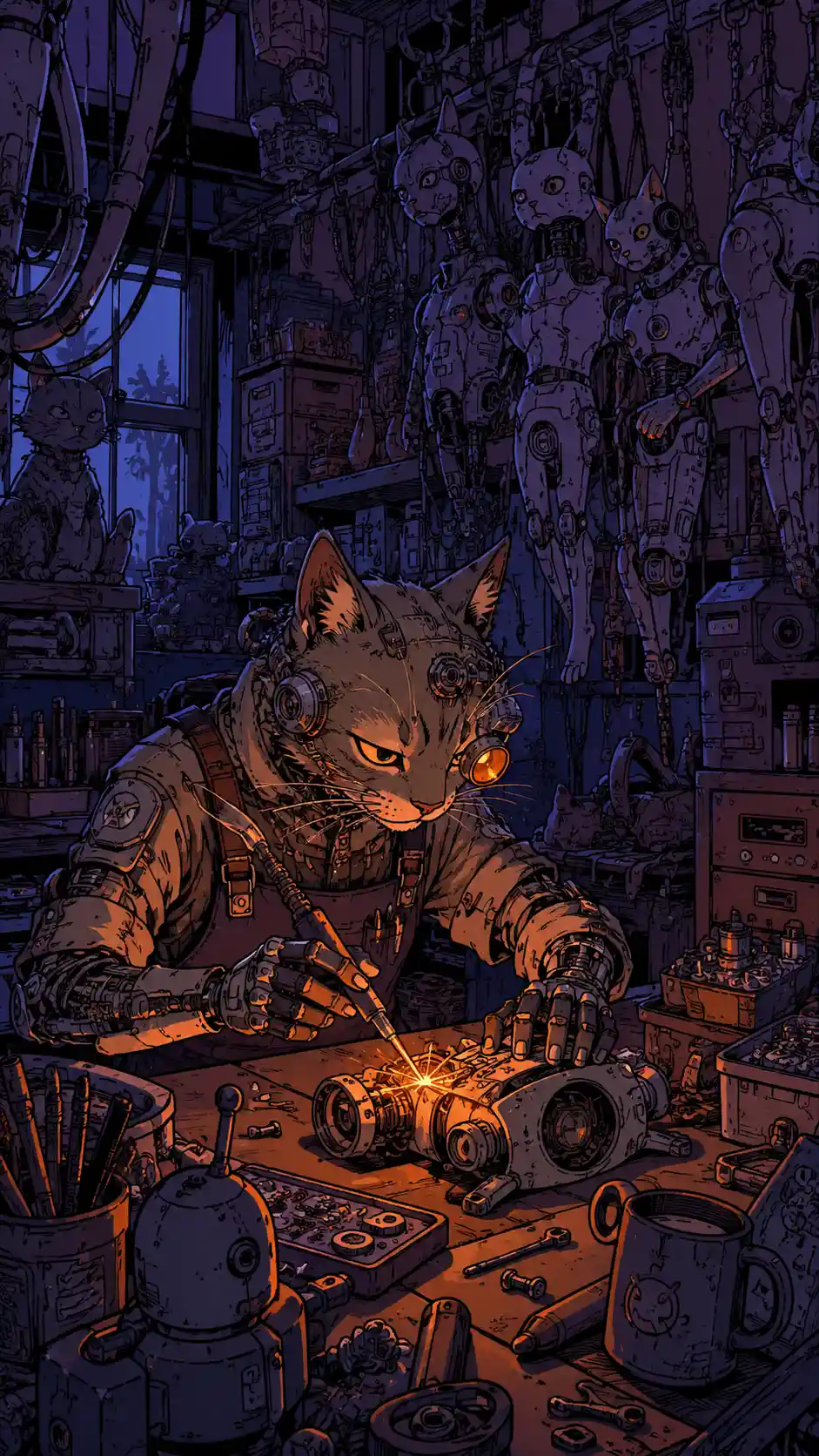 Technicien félin dans un atelier de robots biopunk la nuit