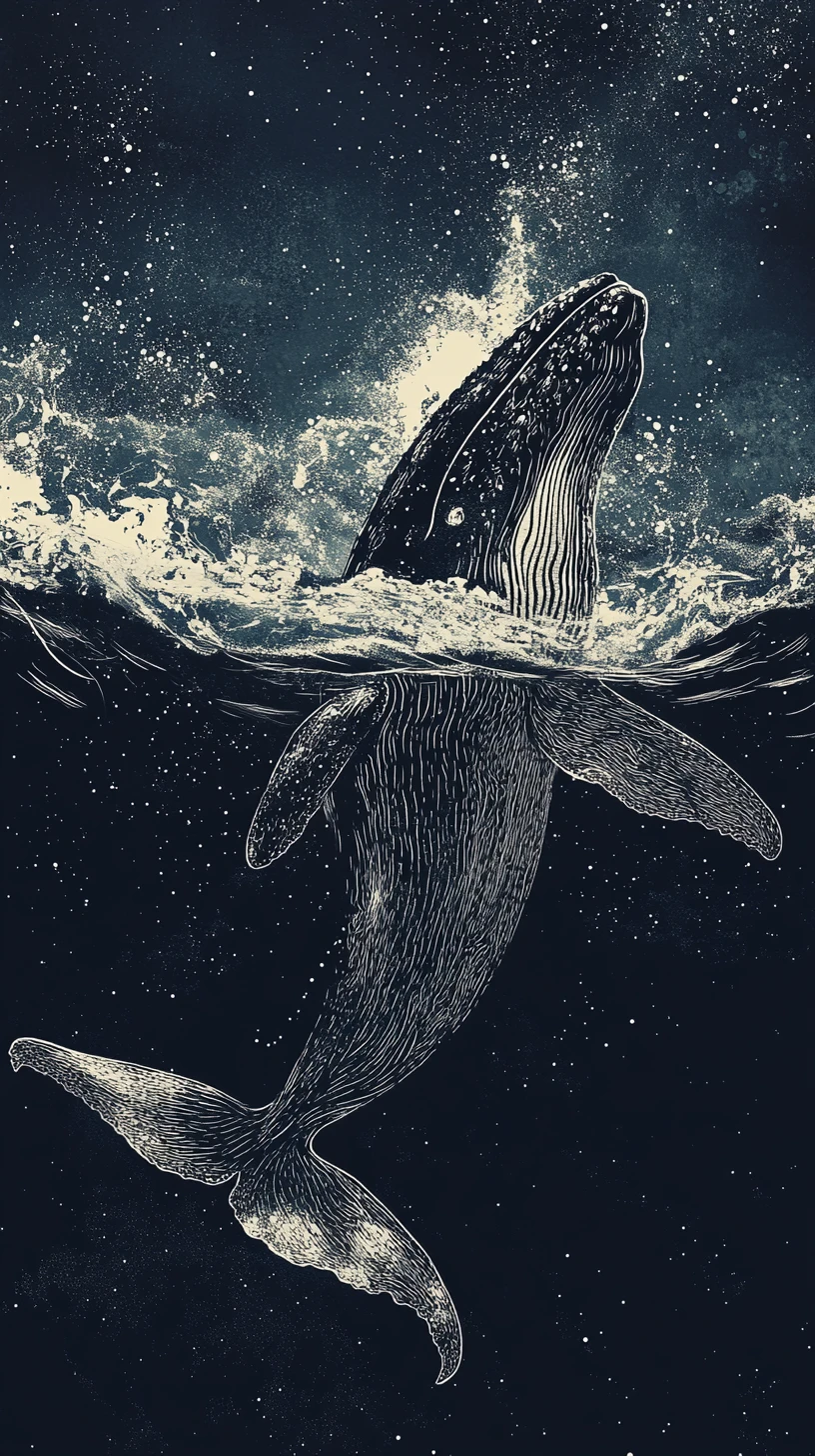 Ballena surrealista que emerge de un océano de símbolos escritos
