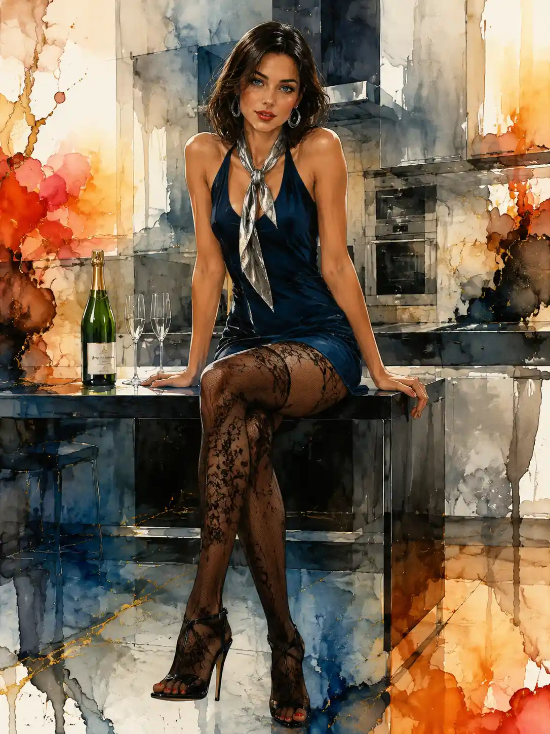 Elegant young woman sitting on a modern kitchen table