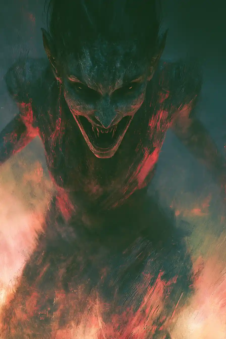 Surreal demon woman with fangs in dark horror painting