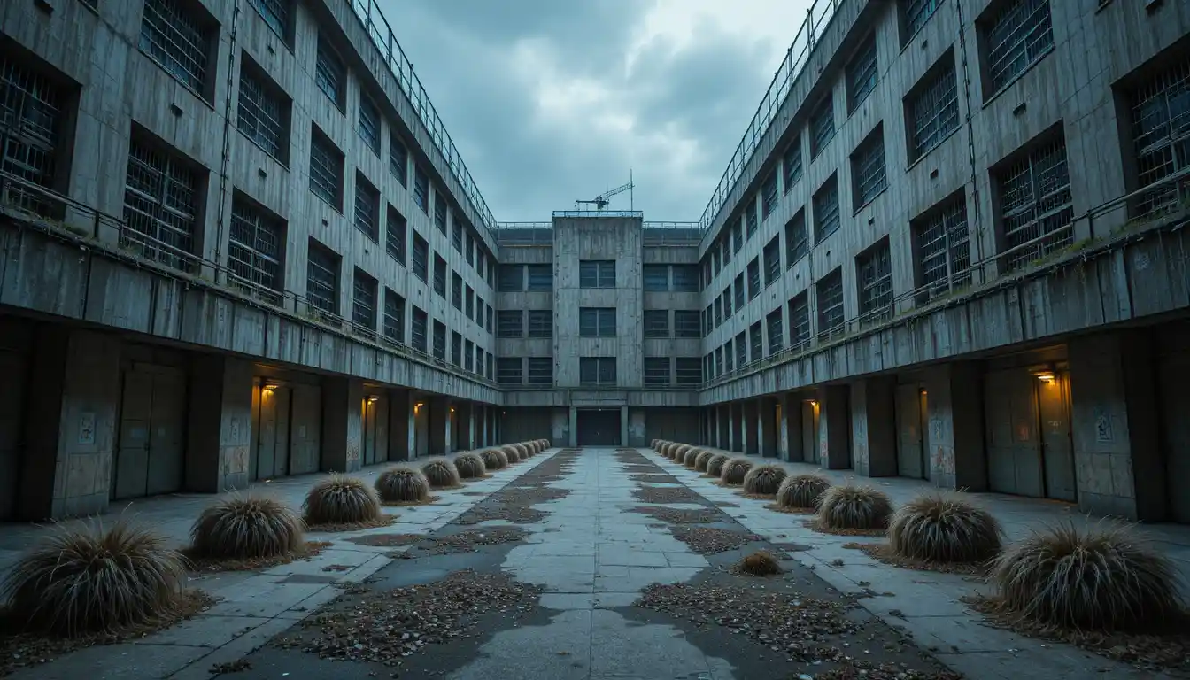 French detention center architecture in stark low angle view