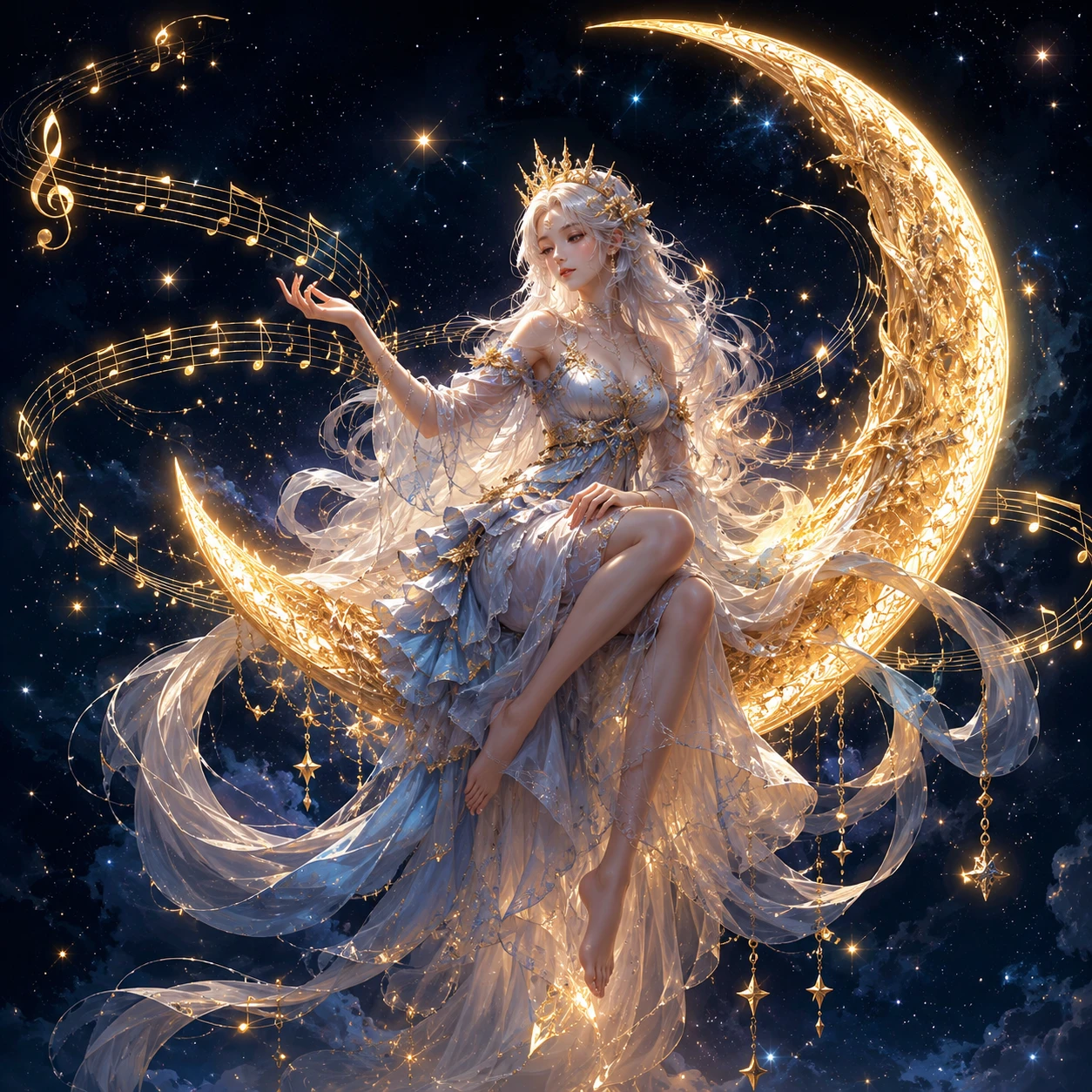 Ethereal woman conducting music on a glowing crescent moon