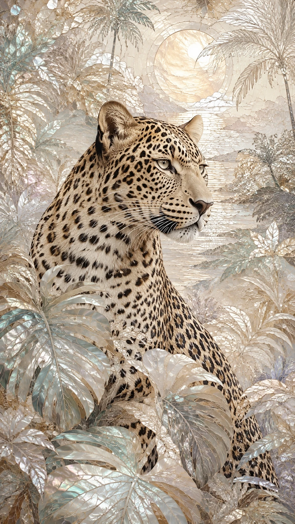 Majestic leopard emerging from a lush jungle mosaic