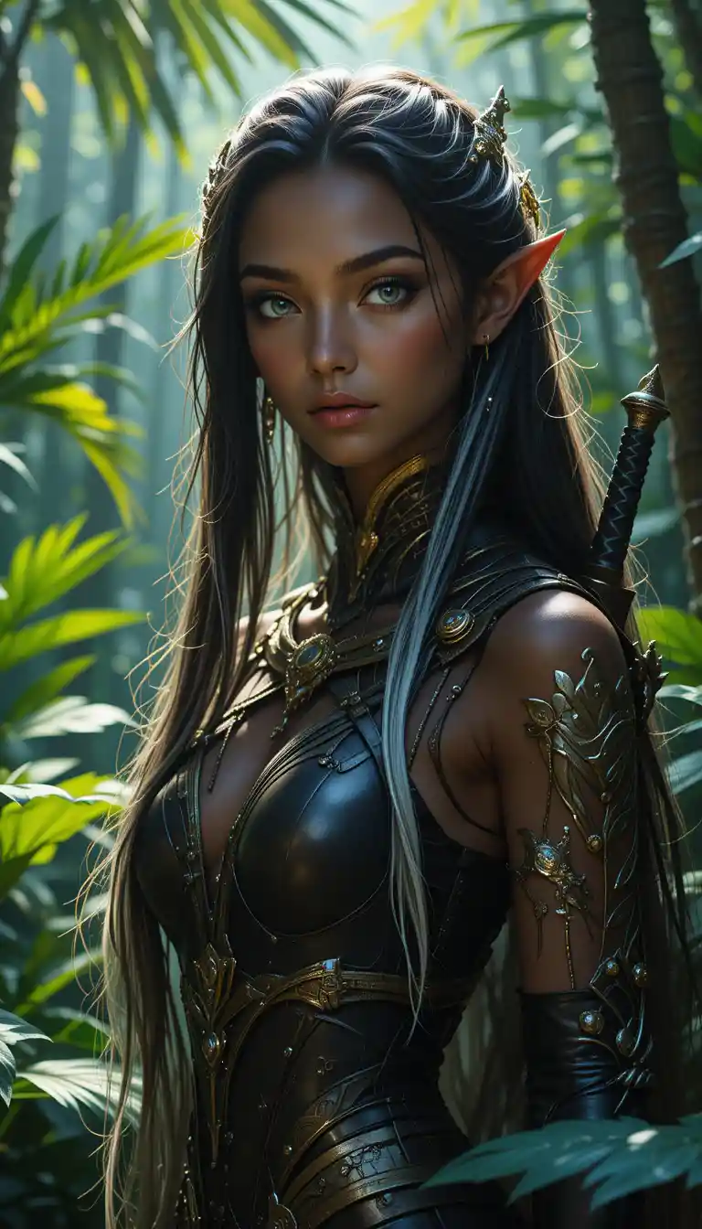 Forest elf warrior woman in glowing tropical jungle
