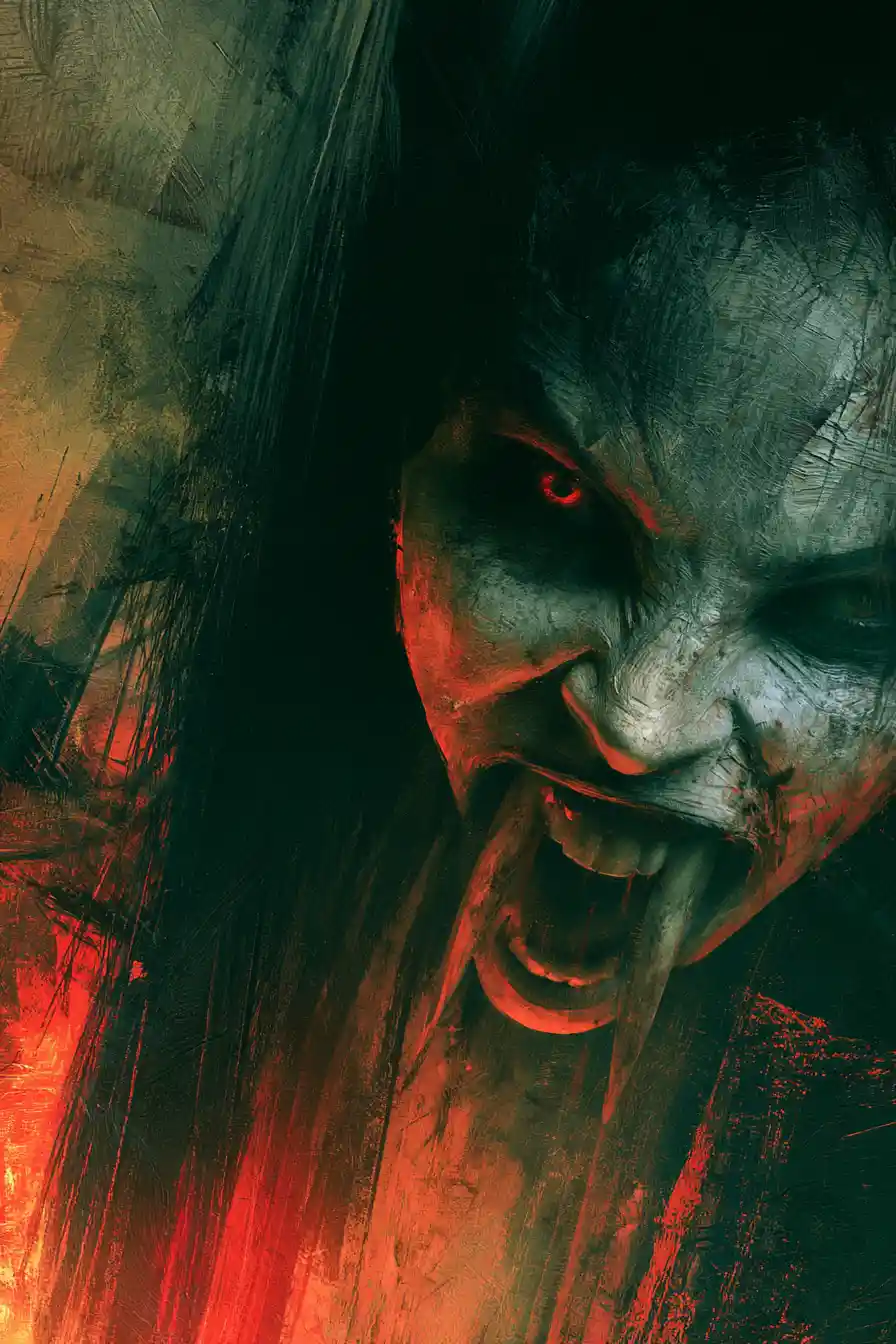 Surreal female demon with horrific face in fiery lighting
