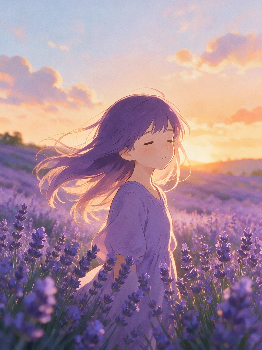 Anime girl in lavender field at peaceful sunset