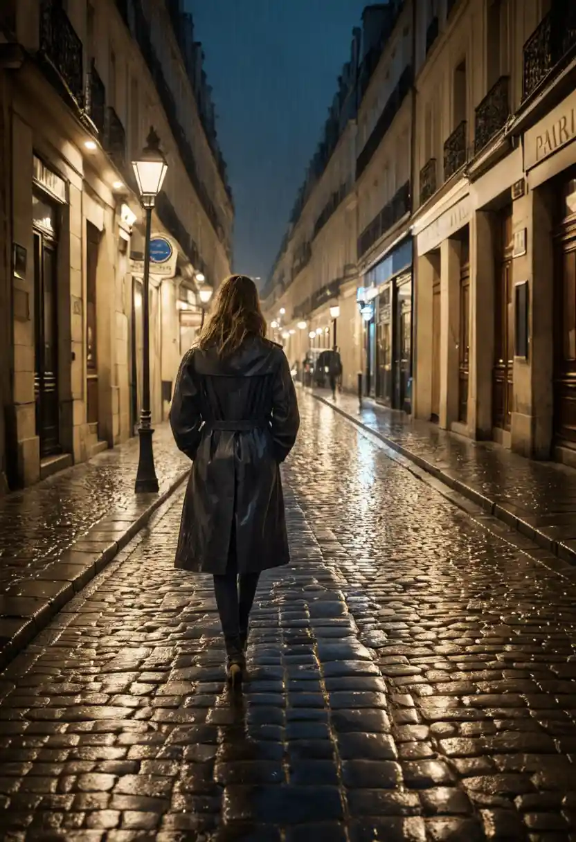 Young woman walking alone on rainy parisian cobblestone street
