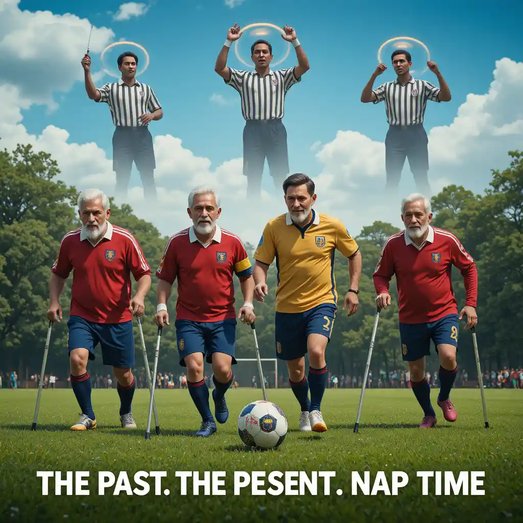 Elderly football legends playing in a park match