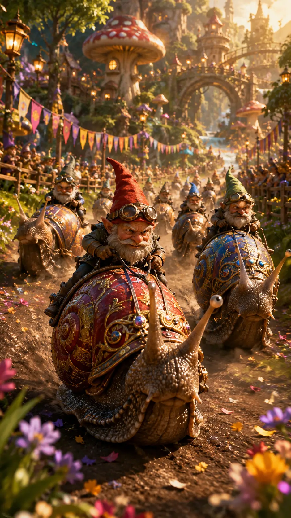Tiny gnome jockeys racing giant snails through fantasy meadows