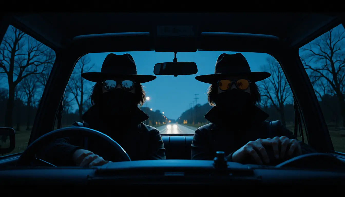 Nighttime car close up with two obscured front silhouettes