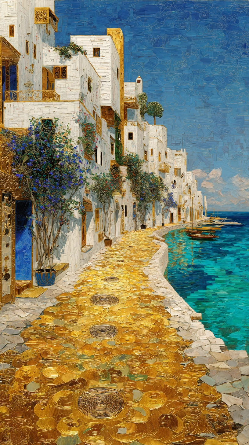 Surreal Mediterranean path descending toward a glowing sea