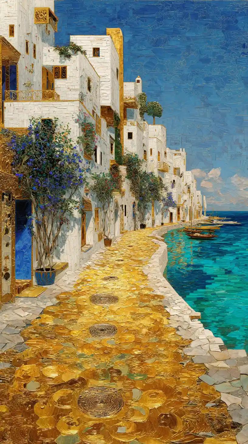 Surreal Mediterranean path descending toward a glowing sea