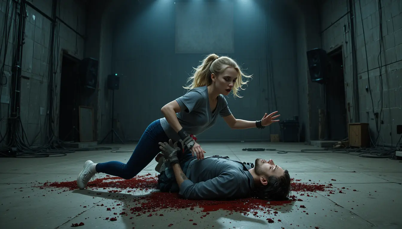 Young woman dragging an unconscious man in a dark studio