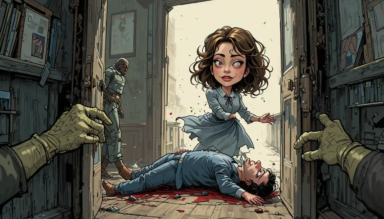 Woman dragging an injured man across a studio floor