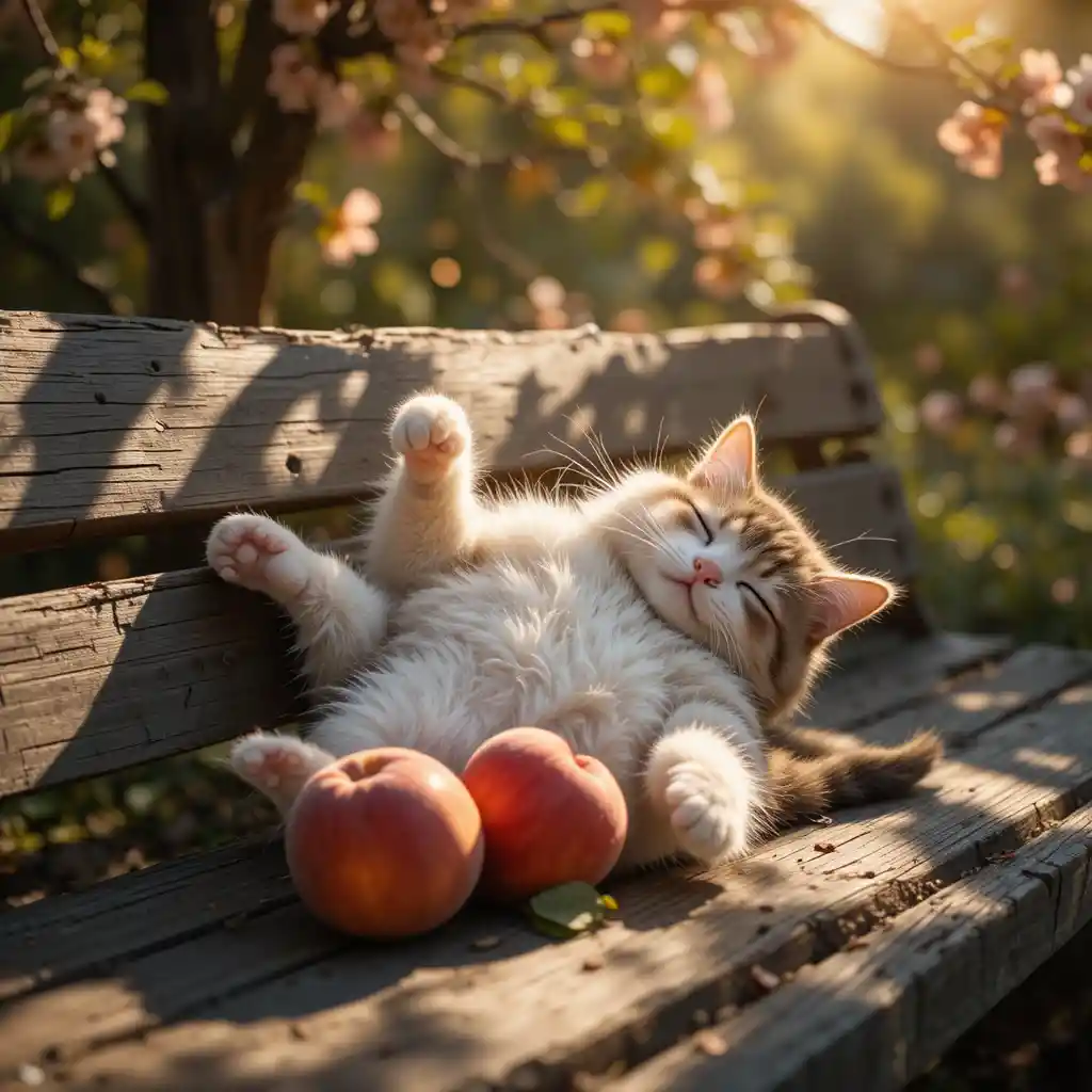 Sleeping cat on wooden bench in warm garden sunlight