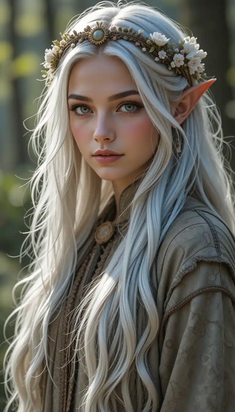 Half elf ranger with flowing silver hair in nature