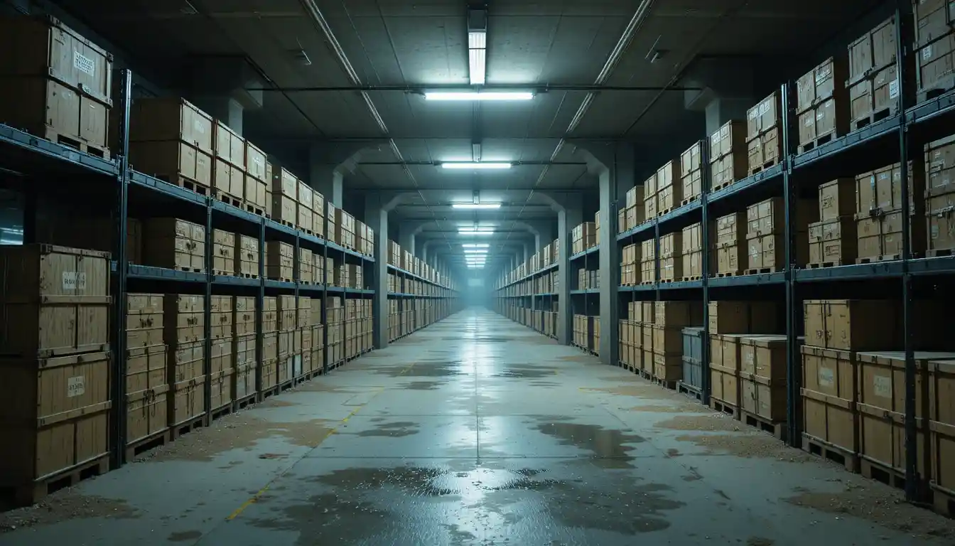 Underground storage filled with medical crates under harsh light