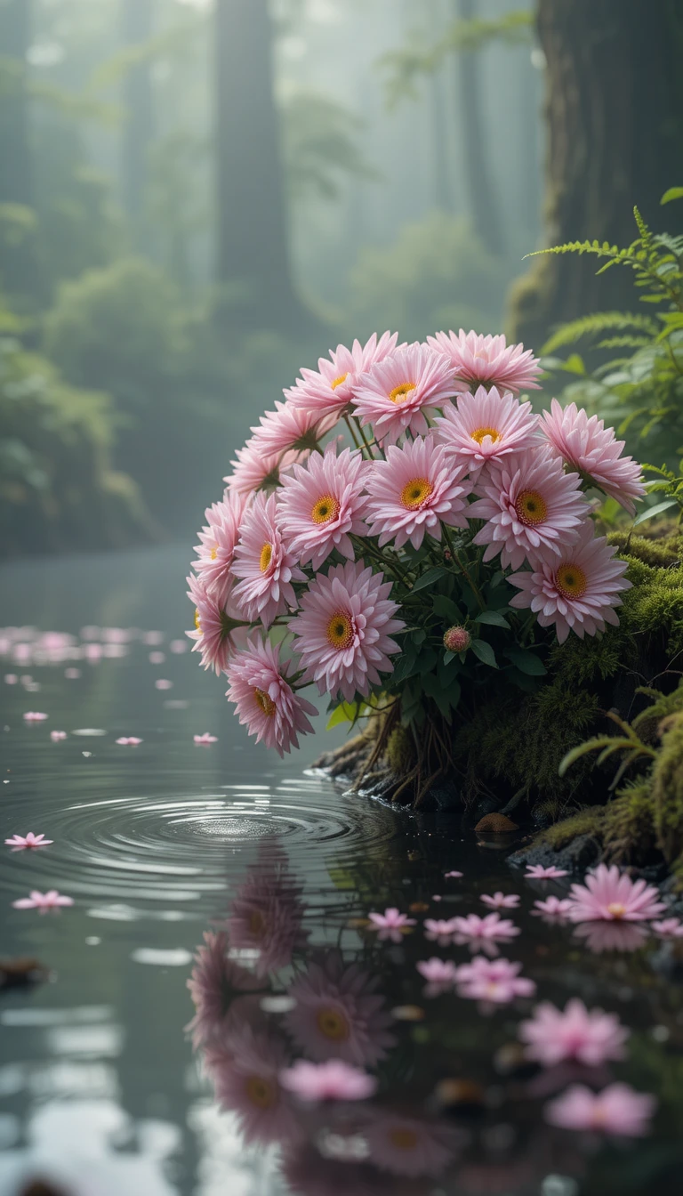 Soft pink chrysanthemums bending over a misty forest pond