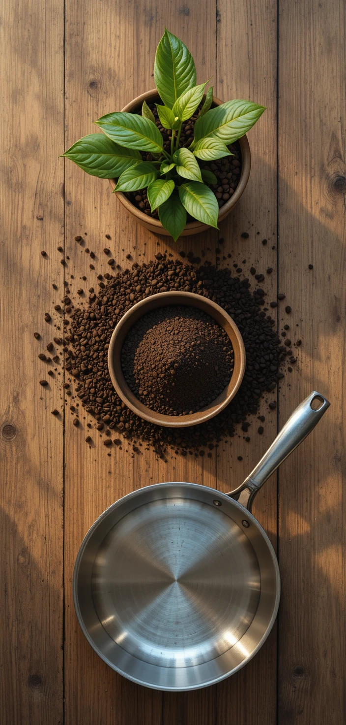 Cinematic flat lay of used coffee grounds and plant